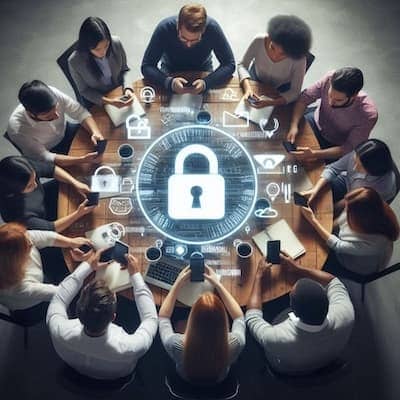 A picture of people sitting around a circle desk with a lock logo in the middle.