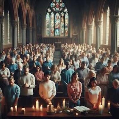 A picture of a congregation praying together.
