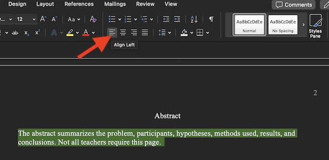 A screenshot showing how to set text left-aligned.