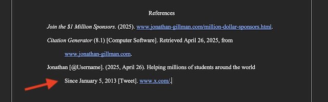 Screenshot showing how to create APA format reference.