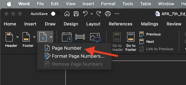 A screenshot showing where the 'Page Number' item is located.