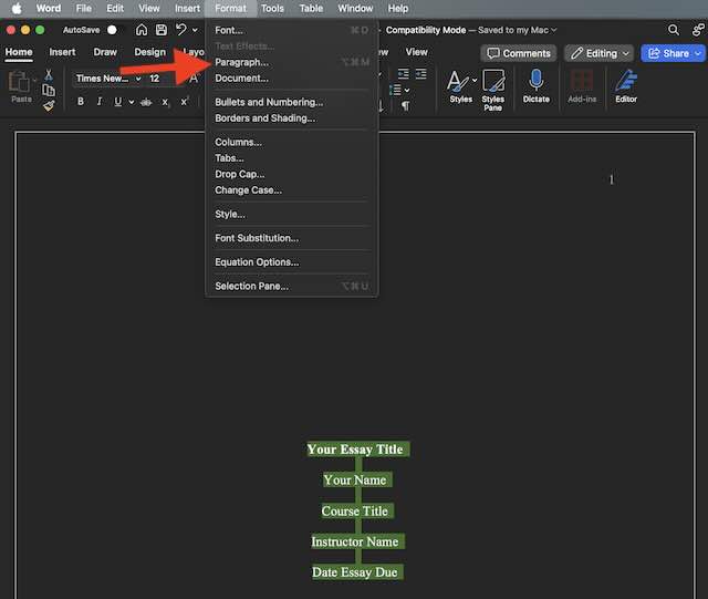 A screenshot showing how to access the paragraph settings.