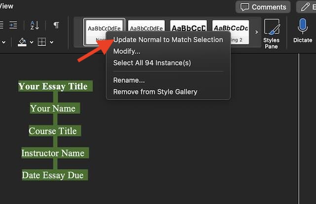 A screenshot demonstrating how to apply settings to the entire document.