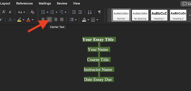 A screenshot showing how to center the text.